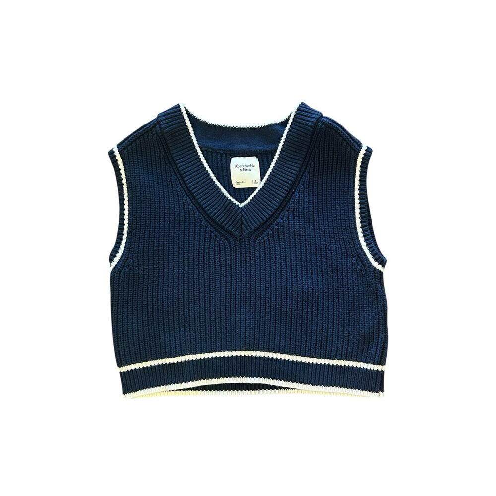 Abercrombie & Fitch Tipped V-Neck Sweater Vest - Navy Blue, Size Small, Preppy